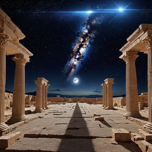 A high-quality hyperrealistic photograph of Milky Way over Karnak Temple in Egypt The photo shows an amazing night view of a starry sky with part of the Milky Way Galaxy in the middle. The scene is surrounded by large columns and ancient temples or structures, perhaps Egyptian or Greek temples, which are seen from bottom to top. In the upper right corner of the image there is a shining half moon, adding additional beauty to the night scene. The ancient columns and structures seem to perfectly highlight the stunning sky, creating a contrast between ancient history and the beauty of the universe. hyperrealistic,