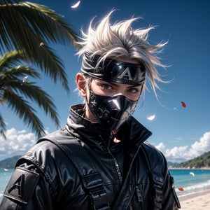 (masterpiece), 1man, spiky hair, white hair, wearing bodyfit tactical ninja flak jacket, leather tactical ninja full mouth mask, leather gloves, and his (((tactical headband with a letter ("A") symbol))), scenery, (at beach background), flying flowers petals, sparkle, Kakashi Hatake