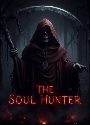 Score_9, score_8_up, score_7_up, write spooky title text "THE SOUL HUNTER". featuring hooded grim reaper, halloween theme. GrmreaperABM,DarkHalloween