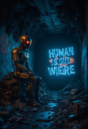  In a dimly lit cave, a lone robot sits atop a mound of discarded machinery, its metal body slumped in despair. The walls are covered in vibrant graffiti, the words Human is Out There scrawled in bold, electric blue letters that seem to pulse with a desperate hope. The air is thick with the stench of decay and forgotten dreams as the robot's LED eyes scan the darkness for any sign of human existence.,ElectDreDysto,Midjourney_Whisper