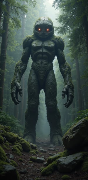 A Forest of Stone Giants, Motionless Yet Alive: Enormous stone giants stand frozen in a dense forest, moss and vines creeping over their cracked forms. Their eyes glow faintly as if waiting for the right moment to awaken.