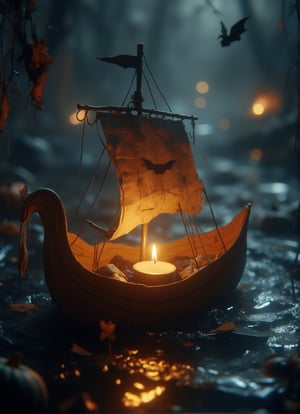 a close_up view of a candle burning on inside a paper ship. origami paper ship with burning candle flow away with gently river stream. DarkHalloween,justart01,Fantasy detailers,