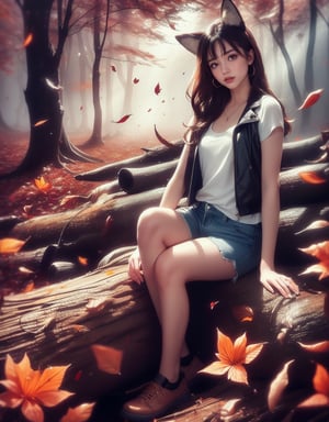 half_body, Masterpiece, 8K resolution, hyper-realistic, raw photo aesthetic. vintage style, A young woman with a fox ears and soft smile, short, wavy dark brown hair, and detailed brown eyes with small earrings. Her features are flawlessly beautiful, with subtle, inner shirt, sleeveless jacket and blue shorts enhancements. (((She sitting on a tree log in a forest, flower garden,))) at dark night, colorful (autumn leaves falling around her:1.2), dinamic_pose, ABMautumnleaf,neon background