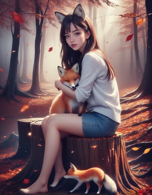 half_body, Masterpiece, 8K resolution, hyper-realistic, raw photo aesthetic. vintage style, A young woman with a fox ears and soft smile, short, wavy dark brown hair, and detailed brown eyes with small earrings. Her features are flawlessly beautiful, with subtle, inner shirt, sleeveless jacket and blue shorts enhancements. (((She sitting on a small size tree stump in a forest, flower garden, hug the cute fox cub))) at dark night, colorful (autumn leaves falling around her:1.2), dinamic_pose, ABMautumnleaf,neon background