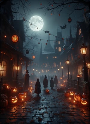 A small, eerie town square decorated for Halloween. The streets are lined with glowing Jack-o'-lanterns, flickering candles, and hanging cobwebs. The old buildings are adorned with spooky decorations, and the air is filled with the sounds of distant whispers and howling wind. A group of children in costumes can be seen in the distance, trick-or-treating. The cobblestone streets are wet from recent rain, reflecting the orange glow from the pumpkins. A full moon looms over the town, casting long shadows. Warm but eerie atmosphere. FluxBoost,DarkHalloween,Midjourney_Whisper