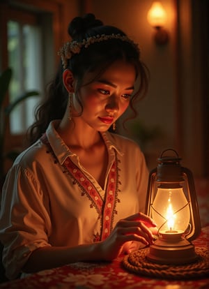 masterpiece, high quality, 1brown village belle, traditional  blouse, oil lantern only source of light in room, her eyes explain a newlywed's  yearning, traditional village rope bed backdrop,3dGboost