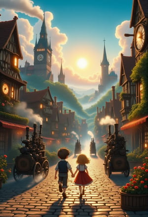 A whimsical townscape unfolds as a boy and girl, hands clasped together, stroll side-by-side through the misty streets. Steeples and clock towers rise from the cobblestone roads, where steam-powered carriages rattle by, their hissing pipes spewing wisps of vapor. The sun casts a warm glow, illuminating intricately detailed buildings with copper accents and wispy smoke curls rising from chimneys. A low-angle view captures the sense of adventure as the pair explores this fantastical world, where gears and cogs meet ancient magic.Anime Ghibli Style