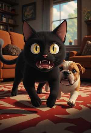 A close-up shot of a sleek black cat, its eyes wide with fear, as it's suddenly chased by a playful bulldog. The camera captures the cat's swift retreat and the dog's determined pursuit, amidst a warm and cozy living room setting with plush furniture and soft lighting.Anime Ghibli Style,Midjourney_Whisper