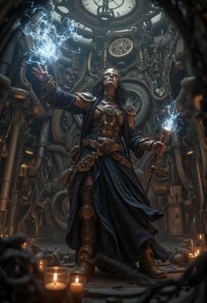 a witch in a towering, steampunk-inspired clock tower filled with gears, pipes, and alchemical equipment. She wears a combination of dark robes and brass, gear-laden armor, and wields a staff with glowing, mechanical crystals. In the background, massive clock faces and steam-powered machinery churn as she casts a spell, causing swirling sparks of energy to form around her. CGI 3D HD Animation,FluxBoost,Midjourney_Whisper