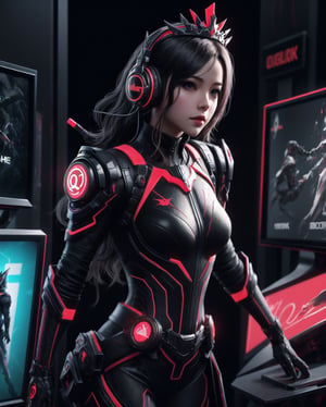 photohyperrealistic, half_body, side low angle shot, looking at viewer, a beautiful girl, black hair, wearing tiara headphone with ''Q'' sign, red and black futuristic obsidian ninja queen suit, obsidian boots, in style of alberto seveso art, neon, dinamic pose, (((big gaming display at background))), highly detailed, hyper realistic, with dramatic polarizing filter, vivid colors, sharp focus, 64K, remarkable color,1 girl, detailed eyes,  
