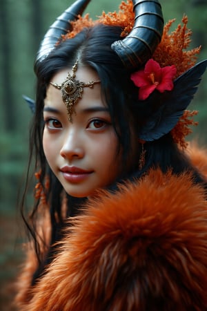 A striking epic fantasy portrait of a single girl, gazing directly at the viewer with piercing brown eyes. Her raven-black locks cascade down her back, adorned with a hair ornament that catches the light. A delicate fur trim accents her upper body, as she proudly wears a small horn ornament on her nose. Her parted lips curve into a subtle smile, framing a small red flower resting against her cheek. The background is blurred, with the subject occupying most of the frame, drawing the viewer's attention to her enigmatic presence.EpicFantasy