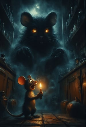 an anamorphic mouse holding a candle light with scared face, open mouth startled to see a large, scary cat-shaped black shadow in front of him. The dark atmosphere was lit only by the light of the rat's candle. setting inside a house kitchen. justart01,Anime Ghibli Style, DarkAura