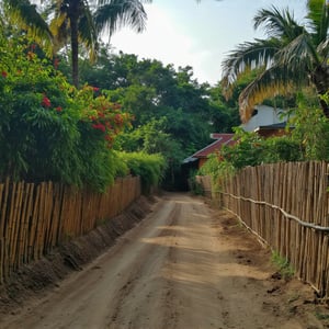 In a stunningly sharp and vibrant low-angle shot, a traditional Thai wooden village is set amidst lush greenery. The camera gazes up at intricately detailed homes, adorned with ornate wooden carvings and curved roofs. Vibrant plants and bushes burst forth from the earth, while coconut trees tower above, their trunks sturdy and strong. A meandering dirt road winds its way through the scene, flanked by a picturesque tiki bamboo fence overflowing with colorful flowers. In the distance, subtle drainage channels add texture to the landscape, all bathed in warm sunlight that highlights the textures and patterns of this idyllic Thai village.