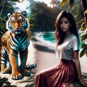 photoultrarealistic, ((blurry overlay edge between two images)), a (((tiger walking in jungle))), and other image a (((beautiful girl wearing T-shirt and long skirt sitting at beach))), detailed face, detailed skin, detailed background, detailed eyes, Ultra-clear, ultra detailed, crystal clear, ultra realistic, with dramatic polarizing filter, vivid colors, hdr, sharp focus, 32K, ABMpicssplit,
