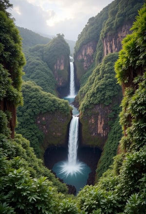 Akaka Falls plunges 442 feet into a lush gorge surrounded by tropical rainforest, misty atmosphere framing the majestic waterfall's descent. In the Akaka Falls State Park, hike through vibrant vegetation, bamboo groves, and wild orchids. Capture the scenic views of Kahuna Falls nearby. A must-see for nature lovers amidst Hawaii's rich landscapes.