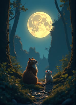 Close-up shot of a curious cat and a tiny white mouse sitting side by side on a grassy cliff, gazing up at a massive full moon suspended in the night sky. The composition is framed by lush greenery and towering tree trunks to the left and right, while the dynamic pose of both subjects showcases their fascination with the celestial wonder above. The camera captures a dynamic angle, emphasizing the intimate moment shared between predator and prey as they momentarily put aside their natural instincts to marvel at the moon's grandeur.10xRFBoost,cartoonish 3D painting,Fantasy detailers 