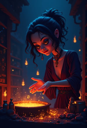 A mystical sorceress, her raven tresses tangled with glittering starlight and crescent moon fragments, bends over an ancient cauldron as steam swirls around her. A delicate crystal orb suspended above the bubbling brew casts an ethereal glow on her enigmatic face, illuminated by flickering candlelight within a dimly lit apothecary.cartoonish 3D painting