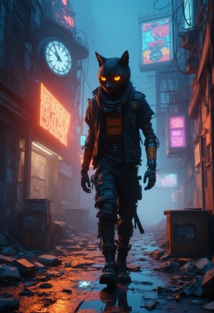 a sad black cyborg robot cat wearing torn clothes, walking in a broken and abandoned futuristic neon machine city with an otherworldly and sad demeanor, set in a dystopian world, with a 4K resolution. Includes a broken clock tower and a broken holographic billboard with faded advertisements in the background. The art styles are inspired by Simon Stalenhag, Frank Frazetta, Beeple, Greg Rutkowski, Yoko Taro, Christian Macnevin, Wlop, and Krenz Cushart. The scene includes epic fantasy character art, volumetric outdoor lighting, a rainy night atmosphere, high fantasy elements, and is reminiscent of CGSociety's highly detailed realistic artworks. The image looks like it was rendered in Unreal Engine, with a cinematic feel and dramatic lighting, perfectly intricate, similar to a Blender render, with reflections of the rain on the robot's cat metallic surface, and puddles on the ground reflecting neon signs. ElectDreDysto,