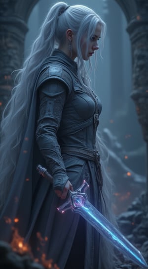 A majestic silver-haired warrior stands victorious in a dynamic pose, her radiant locks cascading down her back like a river of moonlight. In her hand, she wields a shimmering transparent glass-crystal sword that glows with an ethereal light, its delicate facets refracting the surrounding illumination into a kaleidoscope of colors. The framing is tight, focusing attention on the warrior's powerful stance and glowing weapon, set against a dark or misty backdrop to emphasize her heroic presence.Imp'roveBG,FluxBoost,Silver hair,Crystal Sword,