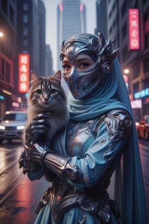 half_body view of a futuristic cyborg hijab woman, donning a modern cyan colour jubah suit with metallic gun metal armor plate, and mouth mask, with protector headband, stand confidently in a neon-lit alley cityscape. Her piercing gaze is framed by the glowing lights of towering skyscrapers. In her hand, she holding a black and grey cybernetic cat, its facets reflecting the vibrant hues of the urban landscape. The darkened alleys and bustling streets provide a gritty backdrop for this technological warrior's powerful stance.,black grey cat,Midjourney_Whisper,FluxBoost, Cyborg Hijab