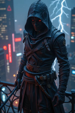 A cloaked assassin stands atop a neon-lit skyscraper, overlooking a futuristic city bathed in rain. Water droplets glide down their cloak and mask, capturing the ambient light from below. The assassin's gloved hand rests on a katana, the reflection of distant lightning illuminating their poised figure. dynamic pose,