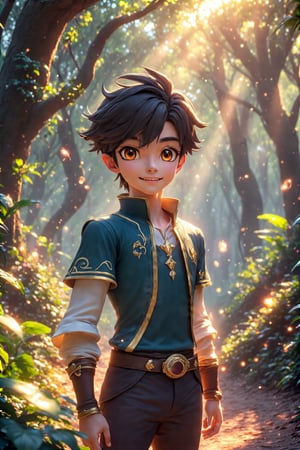 A young hero with vibrant, big anime eyes and expressive features stands in a lush, glowing forest filled with fantastical plants and ethereal lights. The scene has a warm color palette, detailed textures on trees and plants, soft rays of light filtering through the trees, and subtle particle effects floating in the air. The character’s hair moves slightly with the breeze, adding dynamic realism. 3D Cartoon Anime