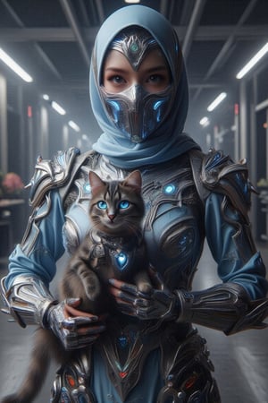 A futuristic hijabi warrior stands confidently in a sleek, high-tech environment, half-body view showcasing her striking cyan jubah suit adorned with metallic gunmetal armor plates. A mouth mask and protector headband add an air of mystery. Her hand cradles a black and grey cybernetic cat, its glowing blue eyes fixed on the viewer.