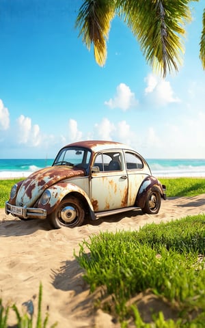 (best quality, 4K, 8K, high-resolution, masterpiece), ultra-detailed, realistic, photorealistic, ground angle shot, A serene sandy beach, calm wave, coconut trees, wild grass and The rusty and broken white Volkswagen Beetle park on sand, (((zoom focus on The rusty and broken white Volkswagen Beetle and grass))), clear and detailed background, ultra detailed, ultra realistic, cool colour, sharp focus, remarkable color,
