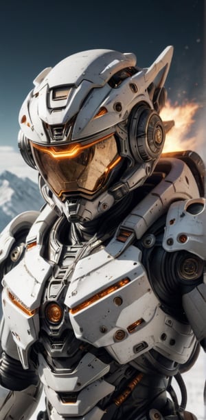 (best quality, 8K, high-resolution, masterpiece), ultra-detailed, The image shows an sleek high tech astronaut suit in a explosion fire snowy mountain at alien environment background, holding a weapon. The robot has a white body with dark orange accents and is equipped with a large white blaster. dynamic angle shot, cinematic, film lighting, dramatic, ultra quality, ultra realistic, sharp focus, studio lighting, remarkable color,bl1ndm5k,Nanosuit exoskeleton