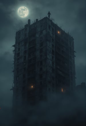 A towering, dilapidated condominium looms against the midnight sky, its windows dark and shattered. Thick, rolling fog clings to the ground, swirling up the sides of the building as if alive. The camera captures a dynamic wide-angle shot, tilted slightly upward, emphasizing the sheer height and eerie desolation of the structure. Faint flickers of movement are visible in the top floor’s broken windows, and the unsettling silhouette of a figure stands ominously on the rooftop, bathed in the glow of a distant full moon.FluxBoost,Midjourney_Whisper,FluxBoost,Midjourney_Whisper