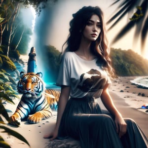 photoultrarealistic, ((blurry overlay edge between two images)), a (((tiger walking in jungle))), and other image a (((beautiful girl wearing T-shirt and long skirt sitting at beach))), detailed face, detailed skin, detailed background, detailed eyes, Ultra-clear, ultra detailed, crystal clear, ultra realistic, with dramatic polarizing filter, vivid colors, hdr, sharp focus, 32K, ABMpicssplit,Nature