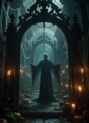 A close-up, cinematic shot of an ancient vampire standing before a large, ornate mirror in a decaying mansion. The mirror, cracked and covered in dust, shows no reflection of the vampire, only the dimly lit, eerie room behind him. Cobwebs hang from the corners of the frame, and flickering candlelight casts long, haunting shadows across the vampire’s pale, emotionless face. DarkHalloween,Midjourney_Whisper,10xRFBoost