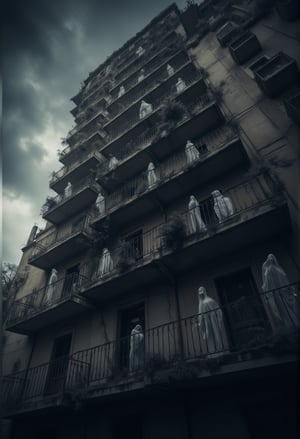 A towering condominium with multiple balconies stands eerily silent under a dark, cloudy sky. A dynamic upward shot reveals ghostly figures standing motionless on several of the balconies, their transparent forms barely visible in the dim light. The building's walls are cracked and weathered, with vines crawling up its sides. The camera zooms in slowly as the ghostly figures seem to multiply, watching silently as if waiting for something to happen. The wind blows through the empty corridors, creating an ominous, haunted atmosphere.FluxBoost,Midjourney_Whisper,FluxBoost,Midjourney_Whisper