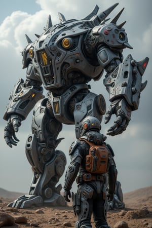 A futuristic pilot standing heroically in front of their big colossal war machine robot.