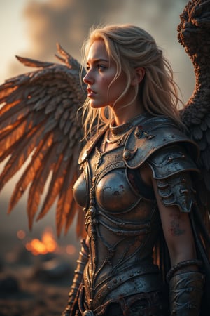 A warrior Valkyrie, her silver armor gleaming under the fading sun, rises from the battlefield. Her wings spread wide, catching the last rays of light, casting a radiant glow. Every feather detailed with precision, bloodstains from battle flecking her armor. The landscape behind her is a burning village, with smoke billowing into the air, blending into the twilight sky.