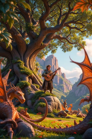 A wandering minstrel stands atop a moss-covered boulder, lute held delicately in hand as he sings tales of mythic deeds to a gathering of enthralled giantesses beneath the ancient trees. Soft, golden light filters through the leafy canopy, casting dappled shadows on the rustic landscape. The minstrel's voice soars, his fingers dancing across the strings as dragons lazily laze in the surrounding meadows, their scales glinting like jewels in the warm glow.