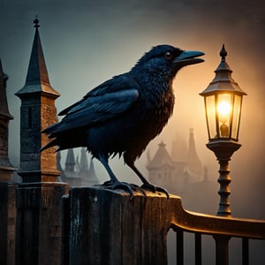 In the dead of night, a mysterious raven perches atop the gate of a foreboding gothic castle, its dark silhouette illuminated by the warm, golden glow of a flickering lantern. Fog swirls in the background, shrouding the scene in an eerie mist. The camera's sharp focus captures every detail of the raven's feathers and the intricate stonework of the gate, as if suspended in time. The studio lighting accentuates the dramatic contrast between light and dark, while the remarkable color palette evokes a sense of mystery and foreboding.