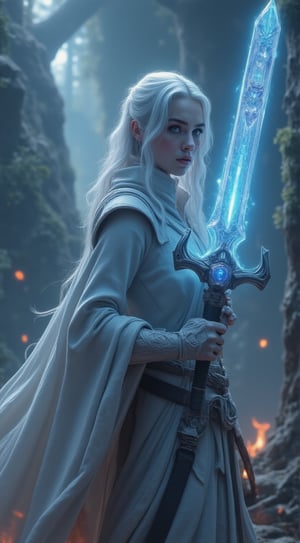 A majestic silver-haired warrior stands victorious in a dynamic pose, grasping a glowing transparent glass crystal sword that refracts light into a kaleidoscope of colors. The sword's delicate facets catch the sunlight, casting a mesmerizing glow on the surrounding terrain.Imp'roveBG,FluxBoost,Silver hair,Crystal Sword,