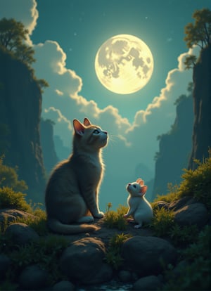 Close-up shot of a curious cat and a tiny white mouse sitting harmoniously side-by-side on a lush, green cliff overlooking a breathtaking landscape under the radiant glow of a massive, full moon. The camera frames their adorable faces with a natural border of trees and foliage, as they both gaze upward in unison, captivated by the celestial beauty above. Dynamic angles and poses capture their playful yet peaceful coexistence beneath the majestic moonlit sky.10xRFBoost,cartoonish 3D painting,Fantasy detailers 