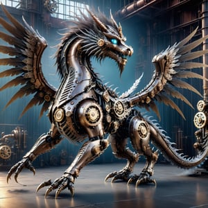 solo, steampunk bronze Chinese dragon robot have pair of wings, steampunk gear accesories, gears, gauge, at steampunk factory background, highly detailed, high quality, hyper realistic, with dramatic polarizing filter, sharp focus, HDR, UHD, 64K, remarkable color, ultra realistic, cyberpunk style, steampunk style, AbmSTPD
