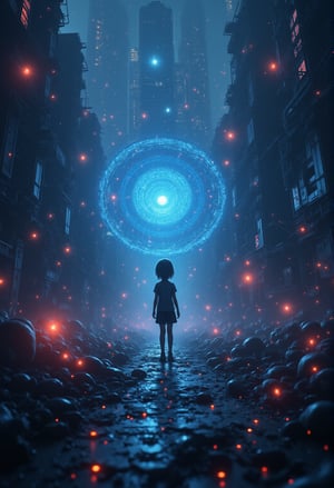 In a dystopian metropolis, a lone anime figure, Neon, navigates the Binary Metrix digital realm, surrounded by swirling vortex of code and holographic debris. Neon's slender frame is silhouetted against a backdrop of flickering LED lights, while neon-lit skyscrapers pierce the haze in the distance. The air is thick with the hum of machinery and binary chatter, as Neon's eyes glow bright blue, illuminating the path forward amidst a maze of digital chaos.