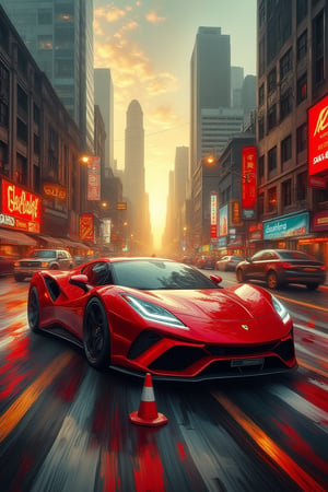 A sleek, red sports car accelerates down a bustling city street, surrounded by towering skyscrapers and neon-lit billboards. The sun sets behind the concrete jungle, casting a warm orange glow on the vehicle's shiny paint job as it navigates through a maze of traffic cones. A blur of motion, the car speeds away from the camera, leaving a trail of excitement in its wake.,AbmoilPainting