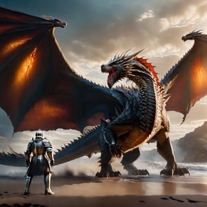 (((full_body shot))), Photo of a knight and big dragon have pair of wings, Hyper-detailled, 32k, Super High definition, Vibrant Colors, Soft focus, Ultra Smooth,Soft natural look, Full shot, photorealistic, realism, film still, cinematic shot, dreamwave, aesthetic, action_pose,Movie Still,photo r3al,knight&dragon