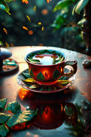 A cup of tea with leaves forming intricate patterns, illuminated by soft, dramatic lighting, and a fortune-teller's face reflected in the surface. EpicFantasy,H-Q hyperrealistic, 