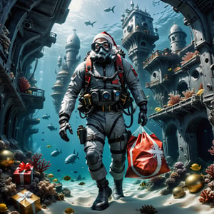 masterpiece, best quality, high detailed, Extremely Realistic, It's a new world under the ocean, and Santa with diving gear and wearing diving mask while (((carrying a gift sack))) dives 🤿 to a (((futuristic city at the deep bottom of the sea flour))), action_pose,DonMR3mn4ntsXL 