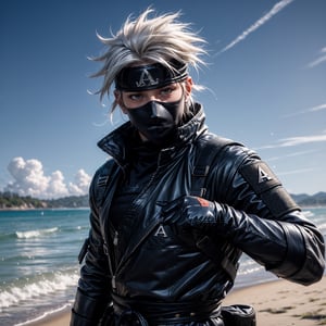 (masterpiece), full_body,1man, spiky hair, white hair, wearing fit tactical ninja flak jacket, leather tactical ninja full mouth mask, leather gloves, and his (((tactical headband with a letter ("A") symbol))), scenery, (at beach background), sparkle, Kakashi Hatake