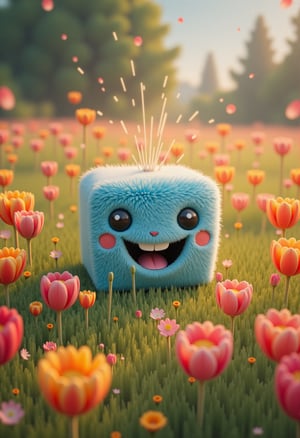 TenTen cube mascot radiates joy amidst a vibrant bouquet of colorful flowers in a lush meadow. From a low-angle perspective, the camera captures the mascot's beaming smile as they sit among the blooms, surrounded by soft focus petals and gentle greenery.,Anime 3D CGI-ABM