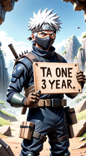 (masterpiece), full_body, 1man, mecha, white hair, (((spiky hair|short hair))), wearing (((black and brown obsidian tight tactical ninja suit))), leather tactical ninja full mouth mask, leather gloves, and his (((tactical headband with a symbol))), (((holding a wooden sign board write a text as "TA one year" text))), scenery, (at inside a cave background), sparkle, Kakashi Hatake,Text,Text,text as "", 3D SINGLE TEXT, kakashi hatake, abmhandsomeguy
