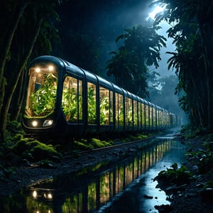 A high-quality hyperrealistic photograph of a futuristic, sleek eco-friendly train with transparent glass carriages filled with vibrant green plants, traveling through a shadowy dark tropical jungle during a dark black night with a dark black starry sky, dark shadowy areas, and no light, zero light, surrounded by diverse flora, a clear river reflecting train light, an ancient broken building covered in moss hidden within the jungle, and ancient broken pillars covered in moss around the jungle, with bad weather. The scene is captured in a super zoom close up view, on ground shot, hyperrealistic, midjourney realistic, photography, hyperdetailed, clear hyperdetailed background, 8k, ultra clear resolution, perfect composition, hyperrealistic texture. eco-friendly train, hyperrealistic,