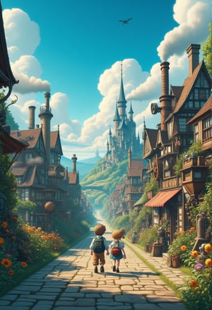 A boy and a girl, walking side by side, explore a whimsical town, town mix with magical and steampunk style design, all vehicle equipped with a steam-engine even a building and houses, low ground angle view, Anime Ghibli Style
